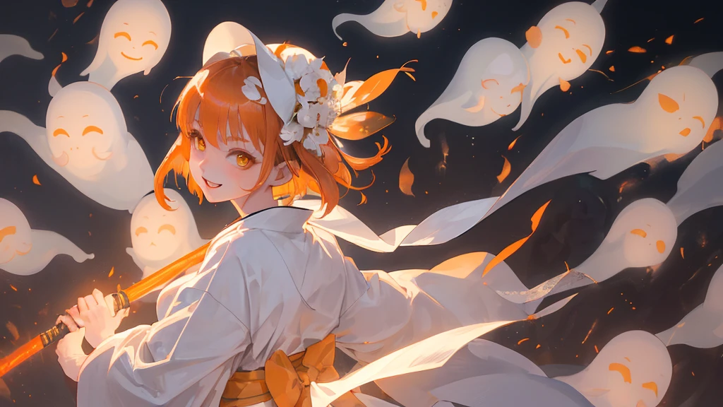 A cool adult woman wearing a white kimono、1 person、Hundreds of ghosts appear at night、Horror、Orange brown short hair、Yellow Eyes、Gloss、Gloss、Fight、A cheerful smile、Shibuya Background、Glare、won'Do not touch、Bold Pose