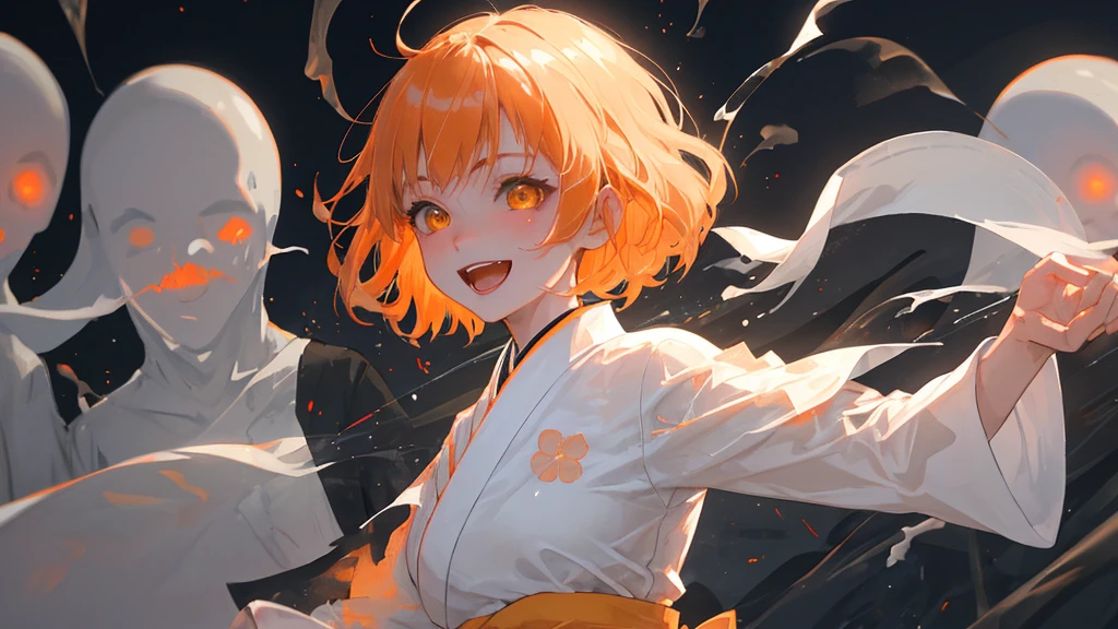 A cool adult woman wearing a white kimono、1 person、Hundreds of ghosts appear at night、Horror、Orange brown short hair、Yellow Eyes、Gloss、Gloss、Fight、A cheerful smile、Shibuya Background、Glare、won&#39;Do not touch、Bold Pose