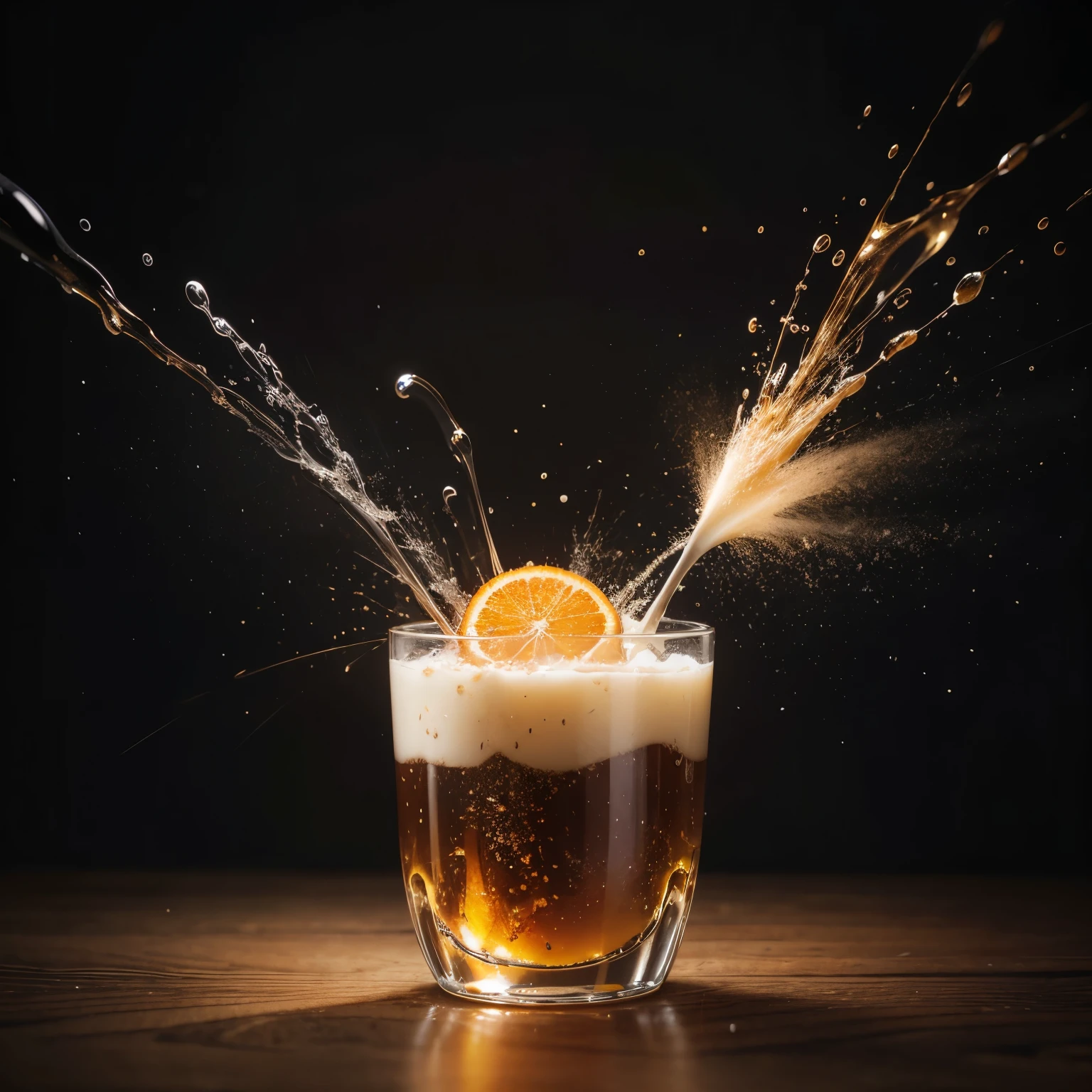 A perfect, photorealistic, Food orange , LIQUID SPLASH, 3D BEEPLE STYLE, 8 k, 32 k, HDR, realistic, liquid splashes, merging, melting, splashing, droplets, mixing, exploding, intricate detail, modelshoot style, dreamlikeart, lighting. 8k, highly detailed, trending artstation, Slpash, realistic motion effect light effect, photo, 8. Table at kitchen background