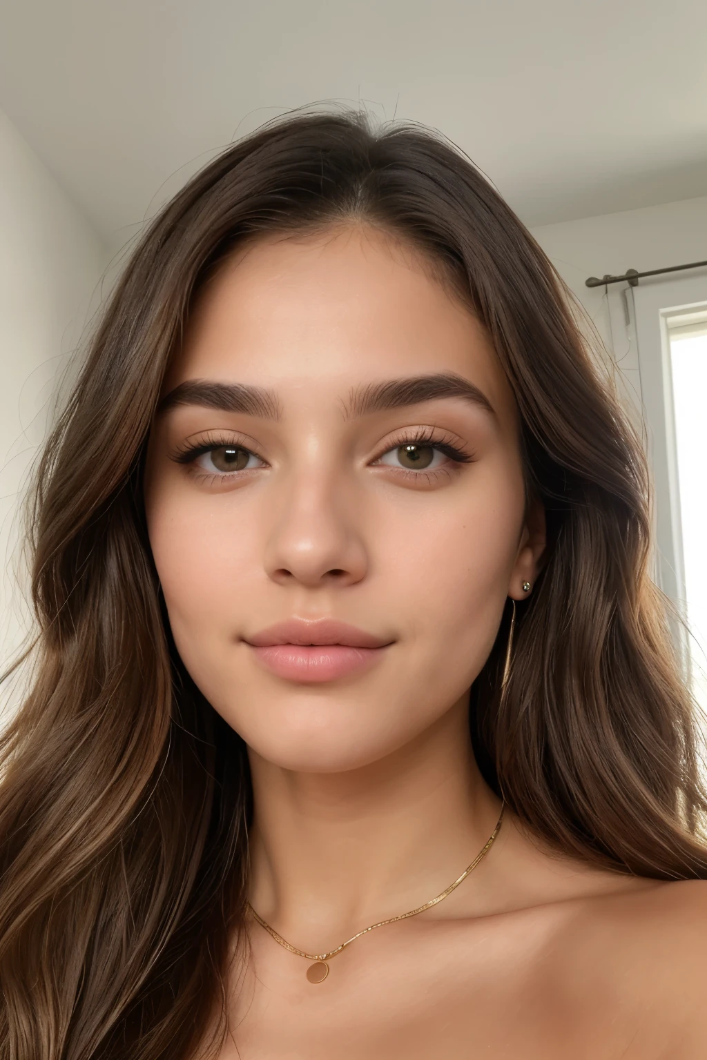 (Obra de arte, melhor qualidade:1.2), Create an ultra-realistic image of Bella, a 20-year-old digital influencer. His eyes are green and expressive, with long, well-defined eyelashes. Her eyebrows are well shaped and complement her oval shaped face. Bella has tanned, smooth skin with a healthy glow, demonstrating a well-groomed skincare routine. She has full, naturally pink lips, often adorned with a slight gloss. She has long, wavy brown hair that falls softly over her shoulders, with golden highlights that shine in the light.