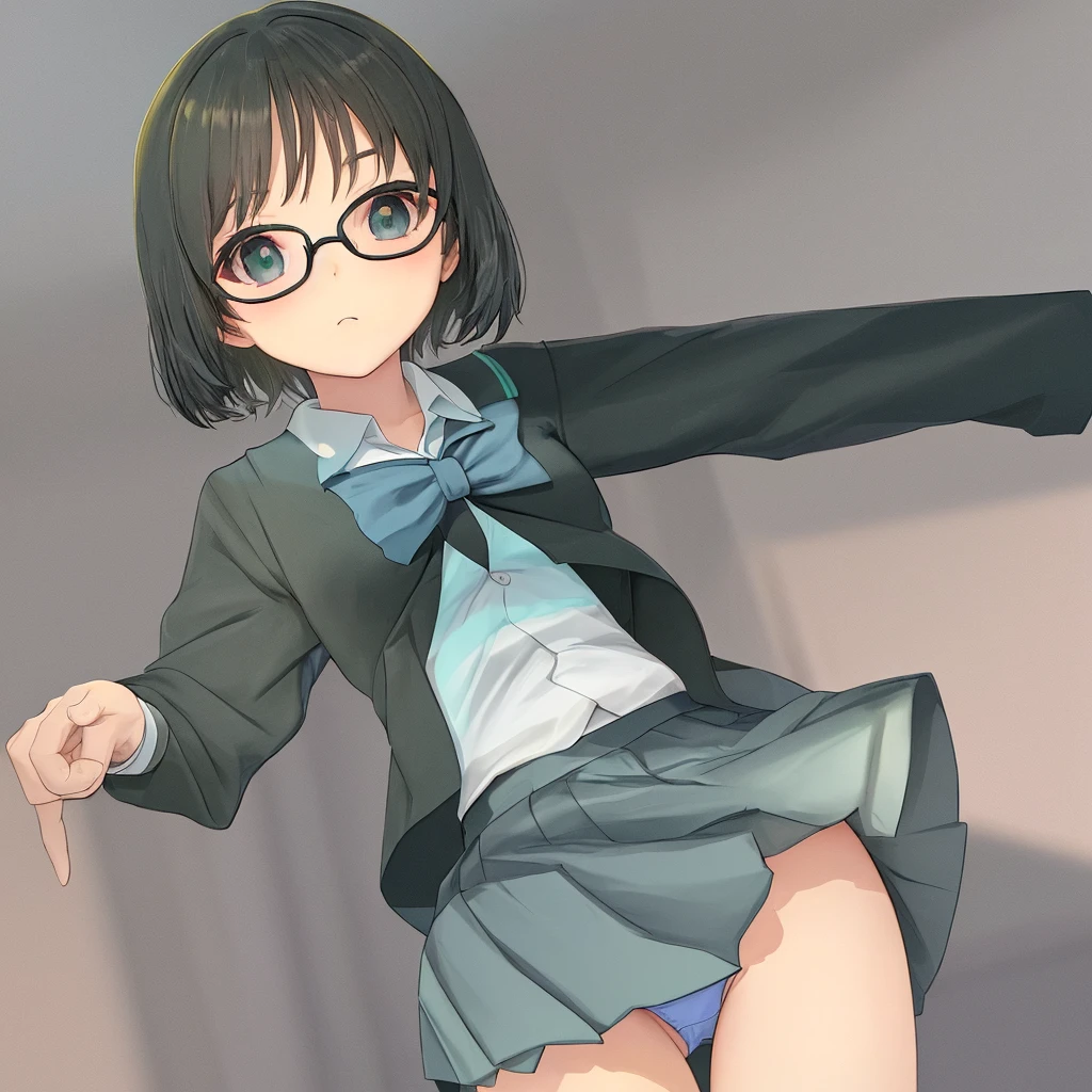 ，uniform，mini skirt，Glasses，Green and light blue panties can be seen from under the skirt.