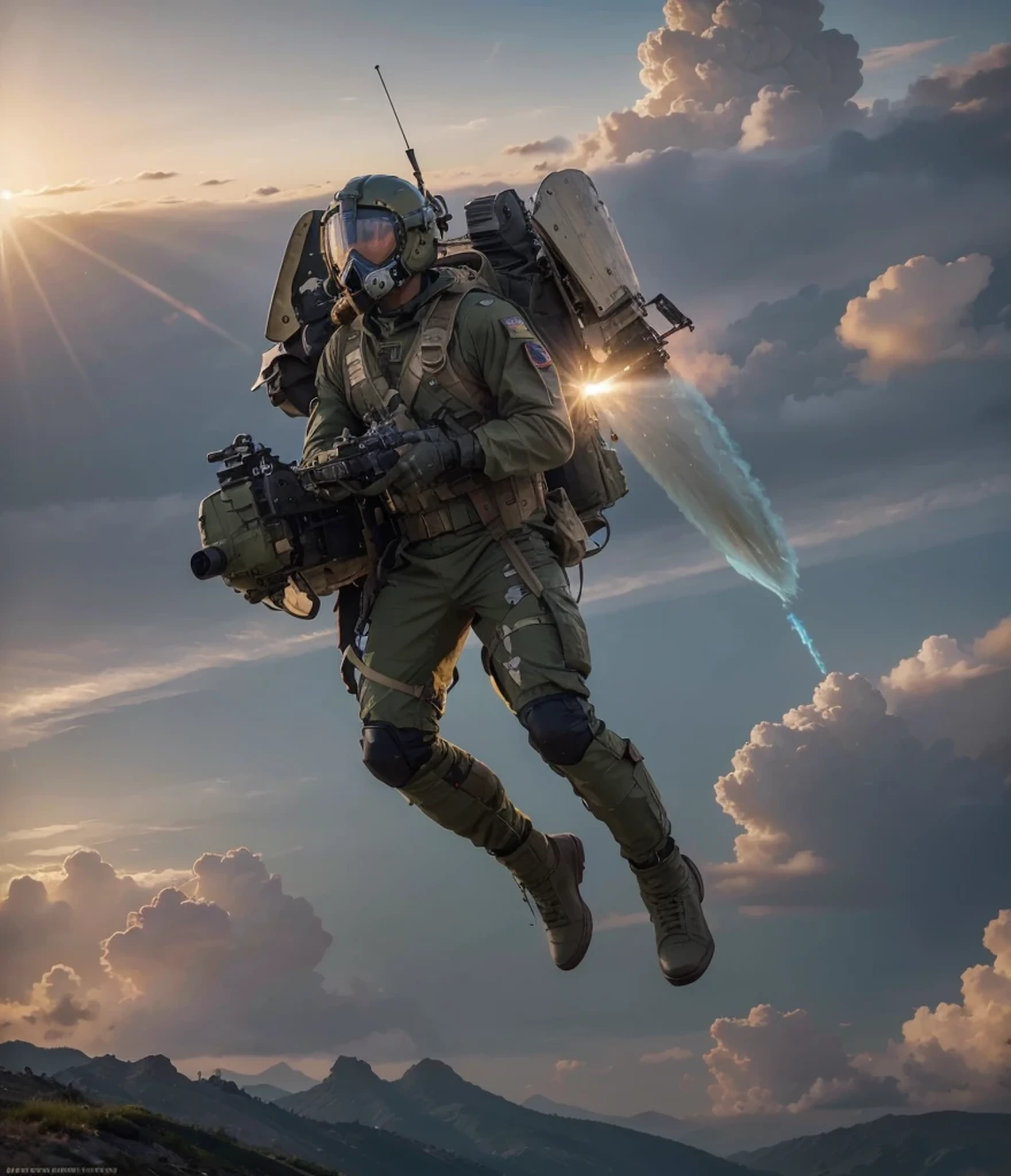 1960s style rocketeer soldier flying, Olive green camouflage military uniform with blue details, advanced aviator helmet with air mask, has an advanced weapon, turbines with blue fire, beautiful sunset sky, Ultra detailed, hyper realistic, 4k , Ultra detailed image, realistic, Highly detailed, perfect composition, beautiful, intricately detailed, incredibly detailed, 8k fine art photography, hyper detailed, Masterpiece