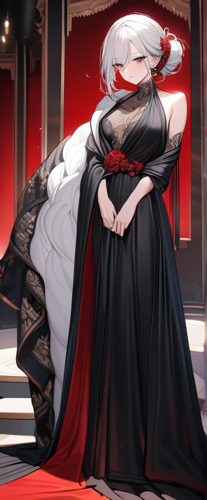 best quality, incredibly absurdres, extremely detailed, 2.5D, delicate and dynamic, beautiful woman, white hair tied up, gorgeous and glamorous black evening dress, red lines, shiny satin fabric, lace, embroidery, robes, shawls, accessories, captivating look, superlative body proportion, gorgeous and gorgeous effects, background aristocratic social setting
