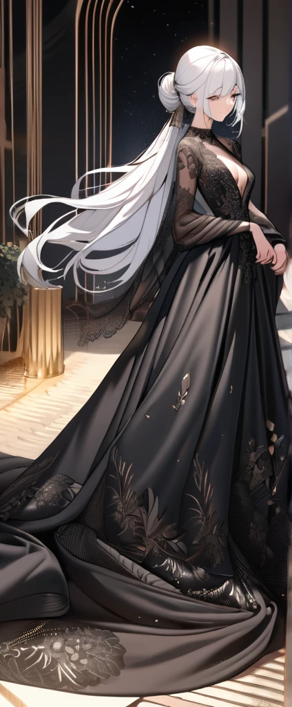 best quality, incredibly absurdres, extremely detailed, 2.5D, delicate and dynamic, beautiful woman, white hair tied up, gorgeous and glamorous black evening dress, red lines, shiny satin fabric, lace, embroidery, robes, shawls, accessories, captivating look, superlative body proportion, gorgeous and gorgeous effects, background aristocratic social setting