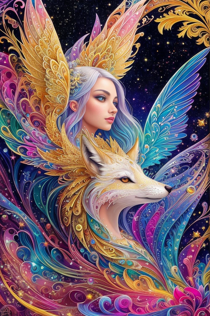 (masterpiece, top quality, best quality, official art, beautiful and aesthetic:1.2), (1girl:1.3), extremely detailed,(fractal art:1.2),colorful,highest detailed,(zentangle:1.2), (dynamic pose), (abstract background:1.5), (treditional dress:1.2), (shiny skin), (many colors:1.4), upper body, smile
Splash art, luminism, fantasy acrylic, digital painting, majestic fox. Magical fantasy white fox closeup, magical creature made of flowers, birds, moon and star colors, big reflective eyes, colorful paint splash style, paint drops, color waves, close-up portrait, color drips, fairy tale, dynamic lighting, art station, Peter Maubacher, broadcast, wow, masterpiece, golden glitter, bubbles, transparent smoke, sun rays
