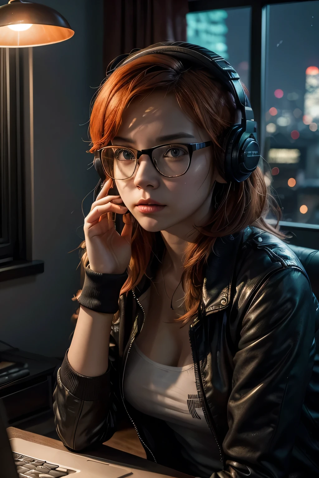 female character, revolutionary, communist, microphone, headphones, working computer, room, dim light, lamp, Cyber Punk, frontal position, night, bluish environment with orange lights. Windows open, view of the city through the window. more realistic hair, glasses, more comfortable clothes, night city, underwear, improve hand details