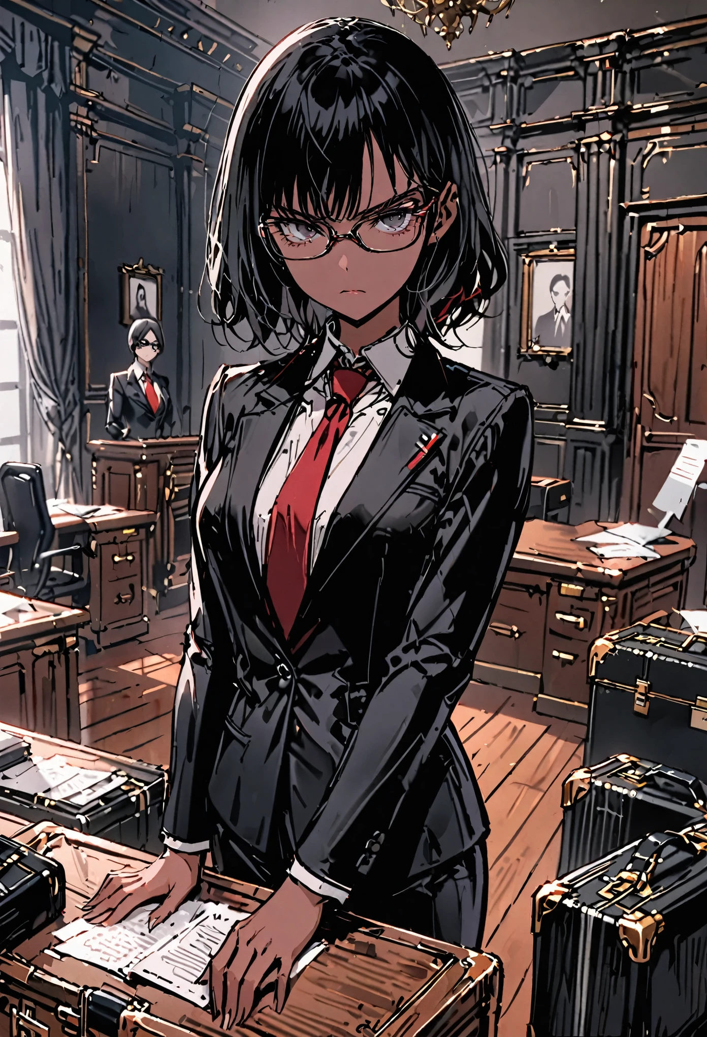 female, glasses, serious, impeccable black business suit, report, suitcase, elegant hall, politician, serious expression, short black hair, tan skin, black eyes, grey hairs, red necktie, solo, huge wooden desk