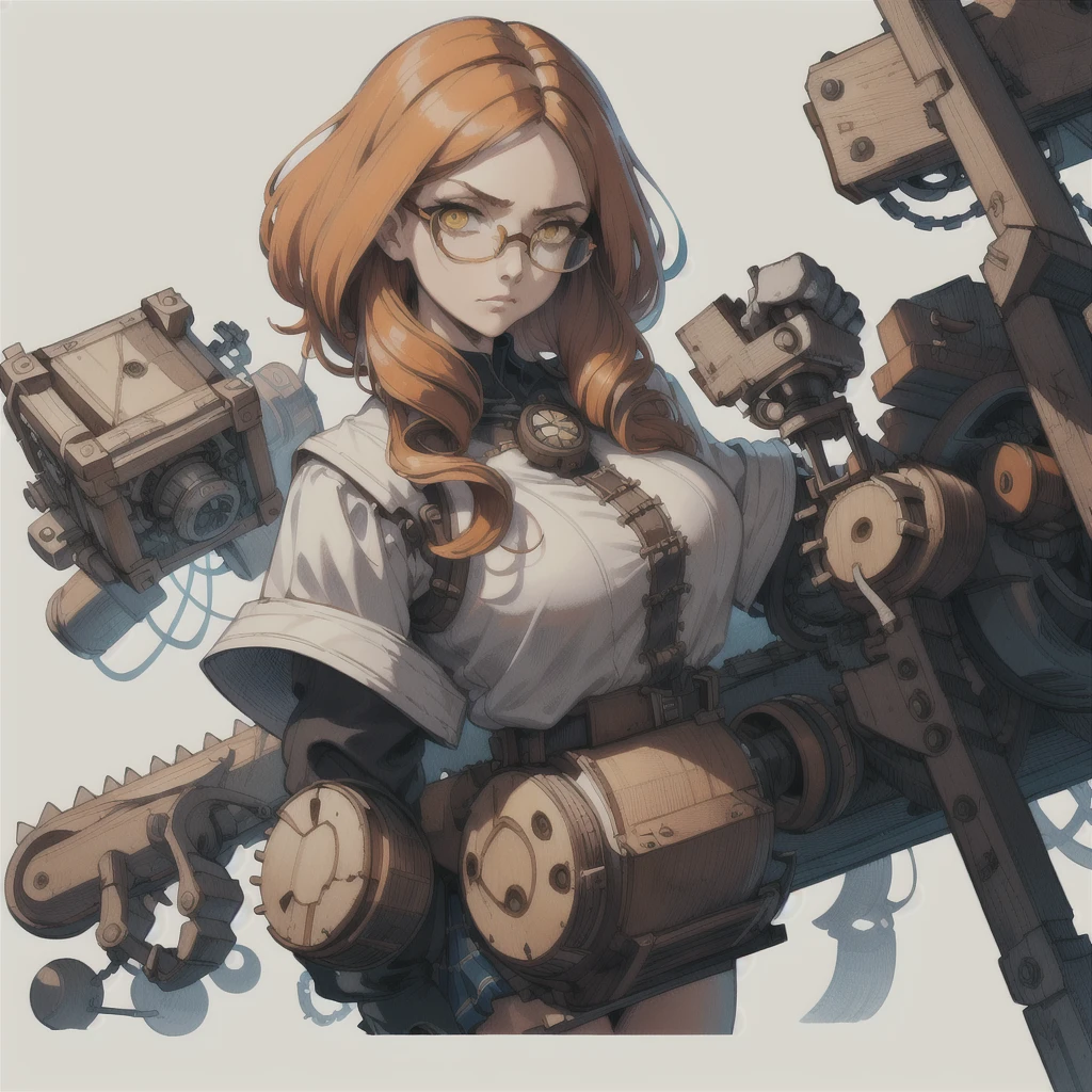 (Simple Background:1.2), ( White Background:1.2),  whole body,View your viewers,
One girl,  Lifting a giant cube chainsaw, パワーsuit、suit, mini skirt,Academy uniform ,
monster Girl,  Skin of color, Yellow Eyes,  Orange Hair, Glasses, 
 Thinking facial expressions , stoic, 
sf, Davinci Tech, By Leonardo da Vinci,