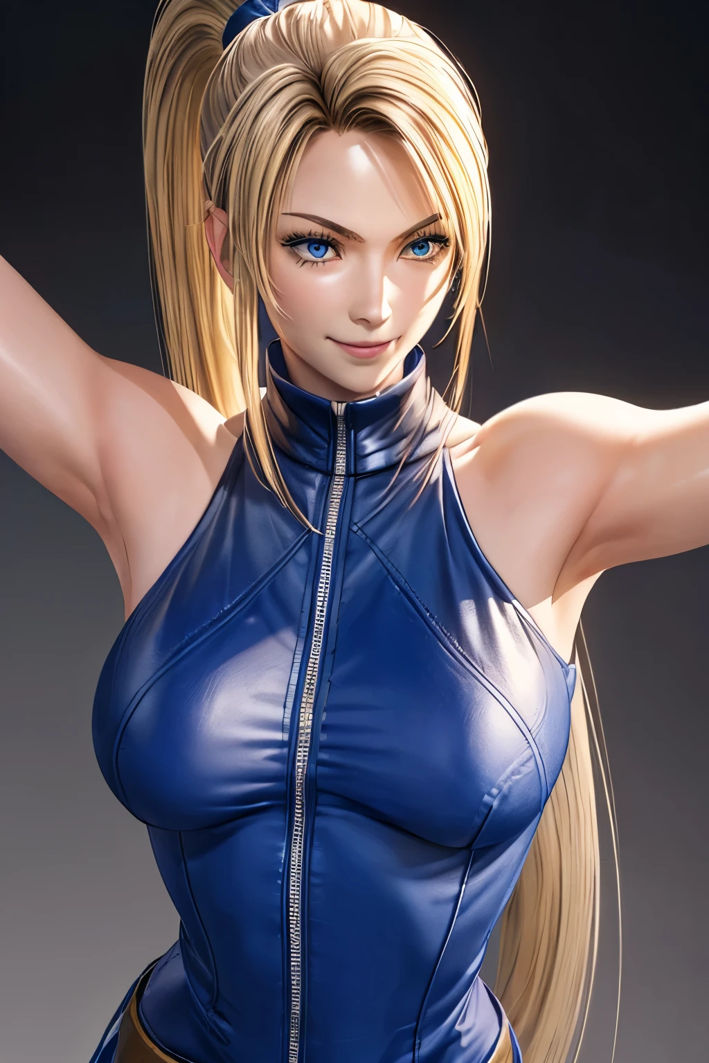 Sarah, blue eyes, angle view, (full bodysuit:1.1), (skinny girl:1.0), ((long ponytail:1.3)), (free flowing hair:1.4), cowboy shot, blonde hair, long hair, (long side burns:1.4), Shoulders exposed, (arms exposed:1.0), (very detailed skin:1.5), (medium breasts:1.4), belt ,sleeveless, (closed zipper), earrings, fingerless short gloves, BREAK masterpiece, 1 girl, RAW photo, (best quality:1.2), extremely delicate beautiful, very detailed, 2k wallpaper, amazing, fine details, (medium breasts:1.3), extremely detailed CG Unity 8k wallpaper, super detailed, high resolution, (beautiful detailed girl:1.4), perfect anatomy, wide cheeks, (shiny clothes:1.1), (smile:1.2), (upper body:1.3), (Realistic, Photorealistic:1.0), (thin nose:1.2), (breast focus:1.3), 20 year old, high nose bridge, (blue clothes:1.2), fighting pose, fighting arena, armpit against wall, wide face, (wide smile:1.3), closed mouth