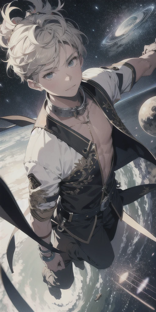 ridiculous resolution, high resolution, (masterpiece:1.4), Ultra Detailed, 1 boy, Look from above, space, floating, - At 6 o'clock