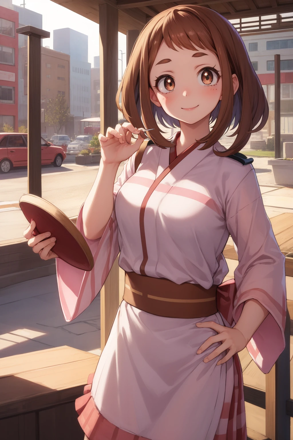 ochakouraraka, ochako uraraka, (uraraka ochako:1.5), (brown eyes:1.5), brown hair, short hair, blush,
BREAK japanese clothes, kimono, apron, red ribbon, waitress, red kimono,
BREAK outdoors, city,
BREAK looking at viewer, cowboy shot,pose, hand on hip,seductive smile,
BREAK NSFW,(masterpiece:1.2), best quality, high resolution, unity 8k wallpaper, (illustration:0.8), (beautiful detailed eyes:1.6), extremely detailed face, perfect lighting, extremely detailed CG, (perfect hands, perfect anatomy),