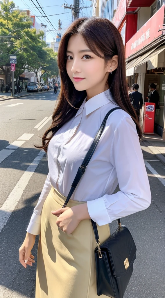 ((Highest quality)), ((masterpiece)), (detailed), Japanese,Street Corner,Beauty,Office Lady