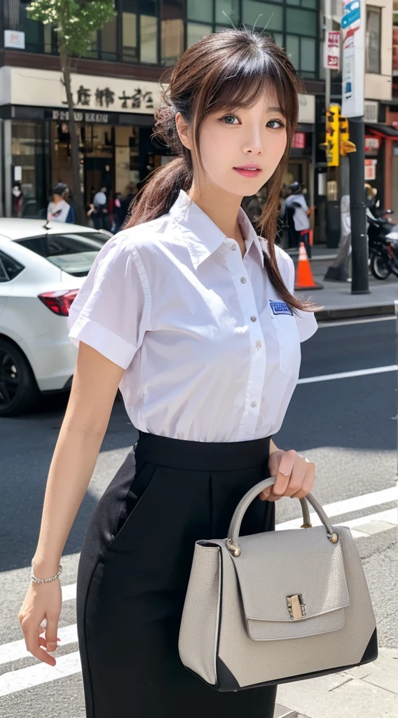 ((Highest quality)), ((masterpiece)), (detailed), Japanese,Street Corner,Beauty,Office Lady