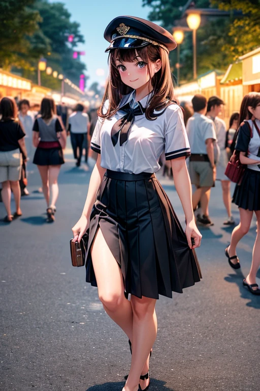 {of the highest quality], [Super beautiful], [Ultra fine], [best illustration], ,Brown hair, hime cut, wide, with bangs, girl, Uniform cap,security uniform, SMILE, blush, Thin women,short sleeve,long straight skirt, adult women,walk,(public）night park, summer festival,diagonal, feet and pumps, Plain black pumps