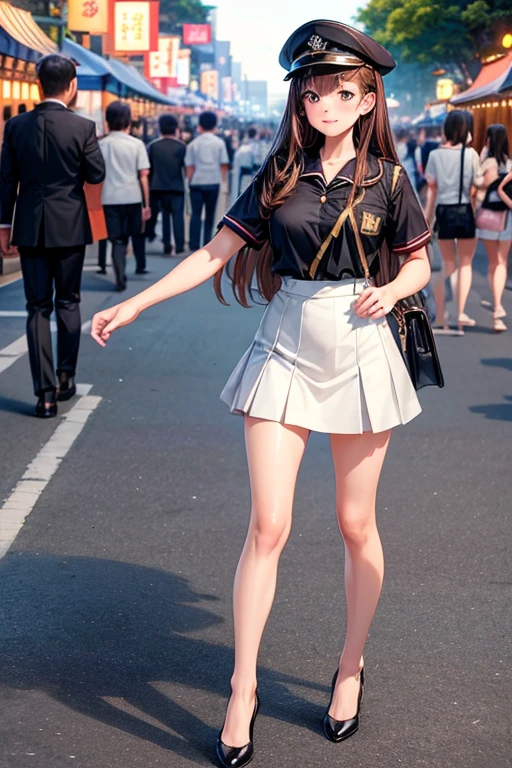 {of the highest quality], [Super beautiful], [Ultra fine], [best illustration], NSFW,Brown hair, hime cut, wide, with bangs, girl, Uniform cap,security uniform, SMILE, blush, Thin women,short sleeve,long straight skirt, adult women,walk,(public）night park, summer festival,diagonal,Bare feet and pumps, Plain black pumps