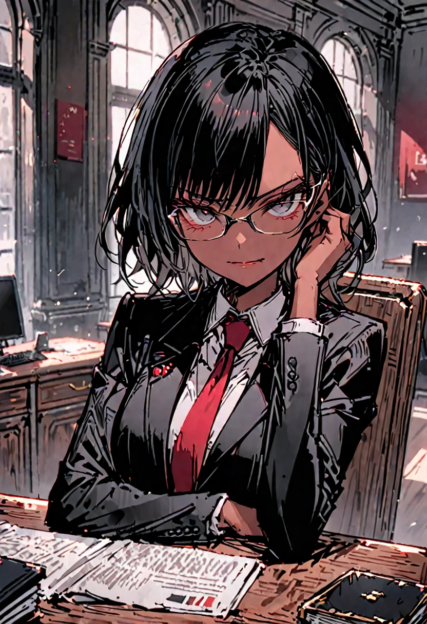 female, glasses, serious, impeccable black business suit, report, elegant hall, politician, smug expression, short black hair, tan skin, black eyes, grey hairs, red necktie, solo, huge wooden desk