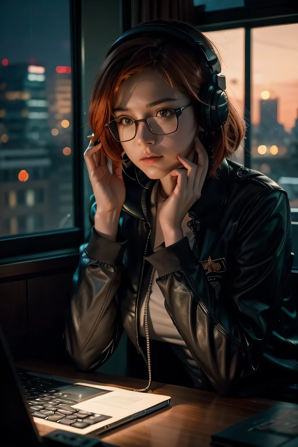 female character, revolutionary, communist, microphone, headphones, working computer, room, dim light, lamp, Cyber Punk, frontal position, night, bluish environment with orange lights. Windows open, view of the city through the window. more realistic hair, glasses, more comfortable clothes, night city, , improve hand details
