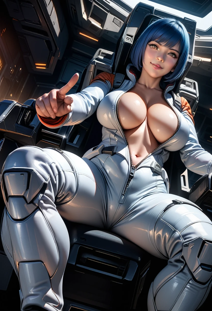 mature female,perfect hands, perfect finger,perfect anatomy, masterpiece, best quality,realistic, hyperrealistic, 16k hdr, eff pilot,white flight suit,gundamwingcockpit,large breasts,from below,sitting,spread legs,smile,blue hair,bobcut,open zipper,navel,cleavage
