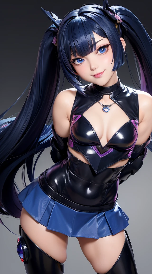 (masterpiece:1.3), (Best Quality:1.3), (Ultra-detailed:1.2), ((kawaii)), Cute, (lovely), ((sexy)), ((Extremely detailed)), 4K, (8K), Best Quality, (Beautiful), Illustration, anime style, (bold line:1.2), Gradation, looking at viewer, //, (bent down:1.1), (arms behind back), //, a cute girl, 1girl, (solo:1.2), gleaming skin, //, (flat chested), (Perfect eyes:1.2), (Perfect iris:1.2), //, darkblue hair color, (beautiful eyes) //, (half closed eyes:1.3), (sexual expression:1.2), Fascinated expression, smile, (blush:1.2), //, modern city background, on rock, twin tails, straight bangs, muscle girl, hard abs, exposed abs, NECKLACE, skirt, heavy armor suit, mecha musume, underboobs