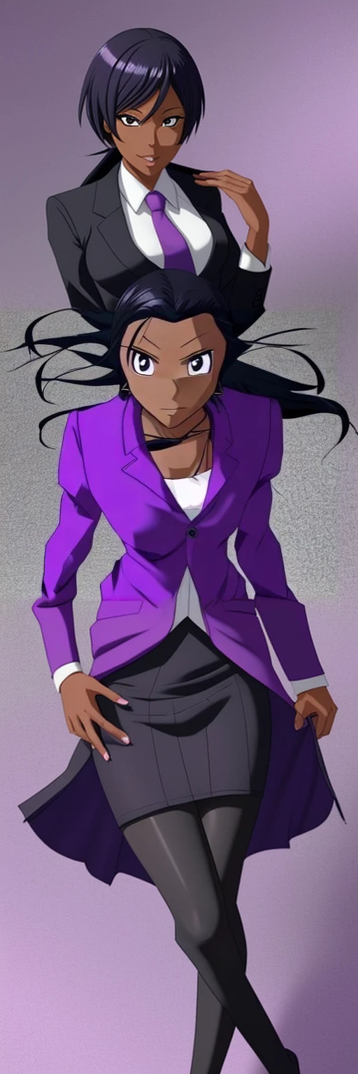 Black anime business woman in a purple skirt suit in anime style 