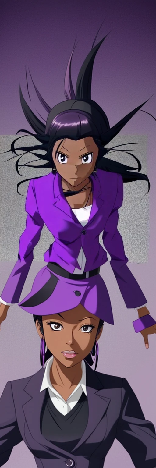 Black anime business woman in a purple skirt suit in anime style