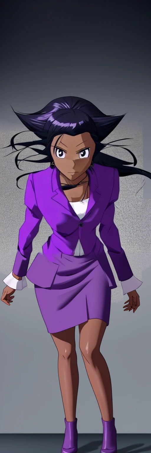 Black anime business woman in a purple skirt suit in anime style 