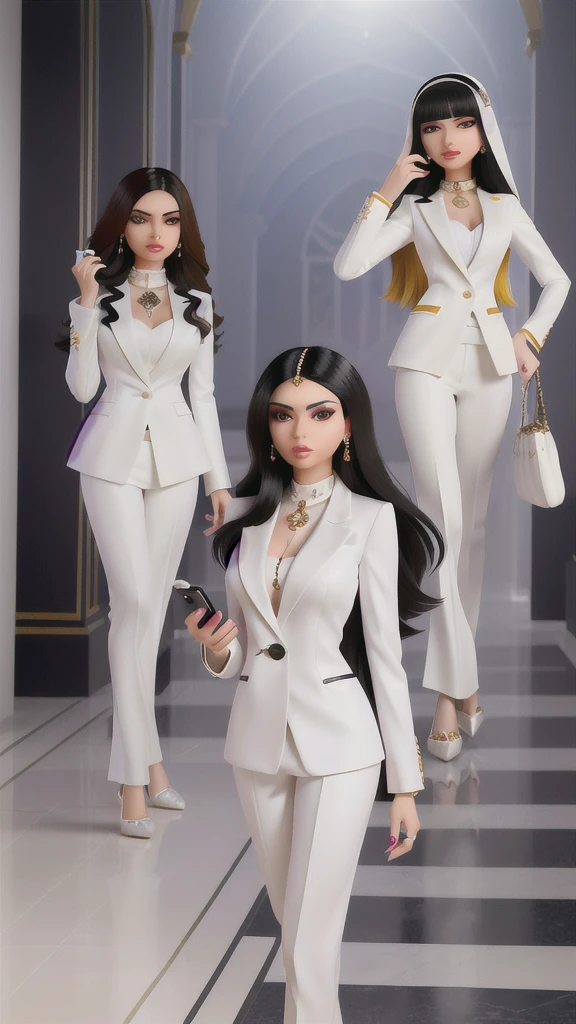 araffe woman in white suit and black jacket holding a cell phone, portrait of Haifa Wehbe, lorena avarez, woman model, ameera al taweel tanned, photo of a hand jewelry model, Marisha Becker, Arabic ameera al taweel, girl in suit, greek ameera al taweel, wearing white suit