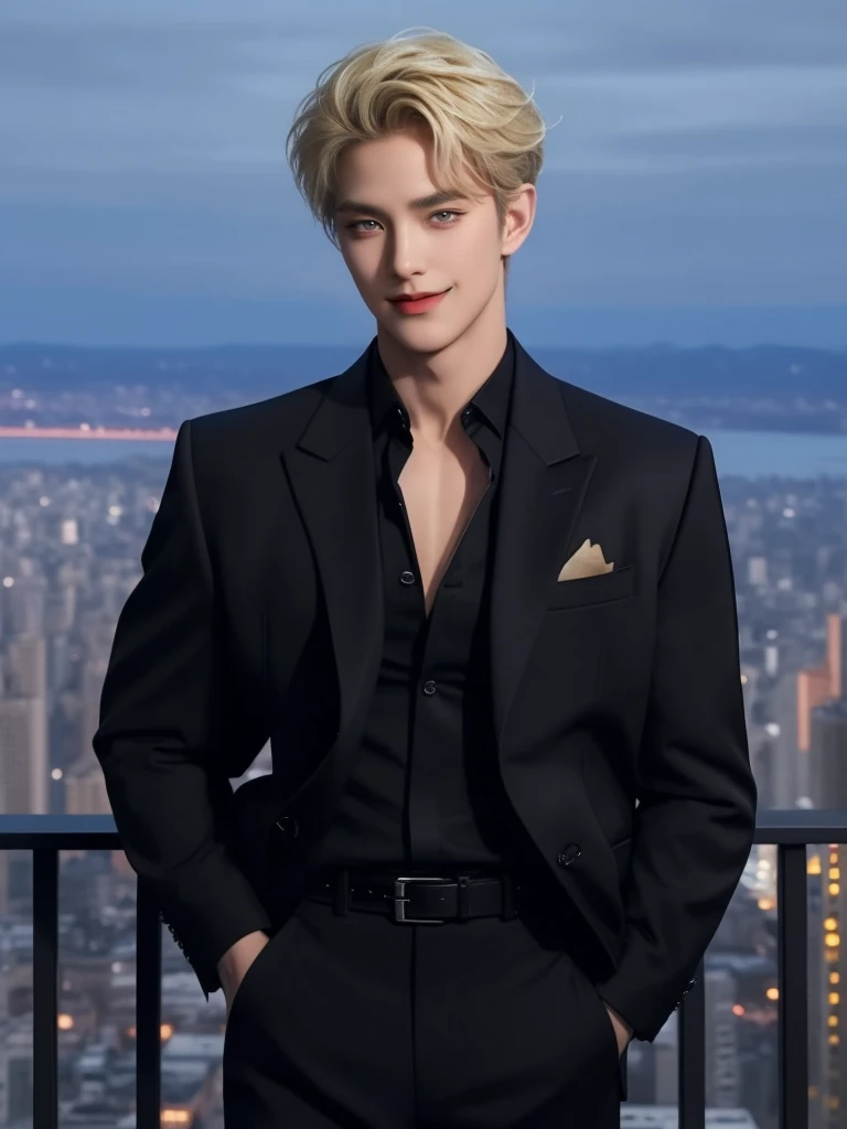 (masterpiece,best quality, ((handsome)), 1man, male focus,blonde hair,shirt with collars, black trendy jacket, black pant,belt, smile,standing at night street, looking at the view,