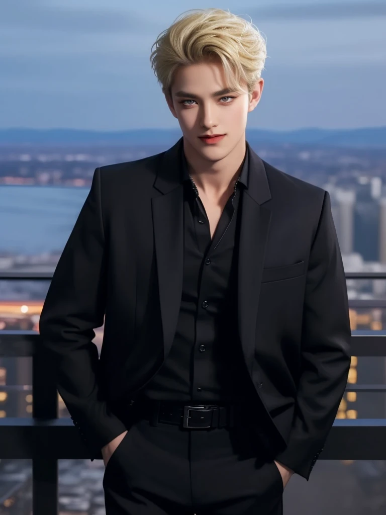 (masterpiece,best quality, ((handsome)), 1man, male focus,blonde hair,shirt with collars, black trendy jacket, black pant,belt, smile,standing at night street, looking at the view,