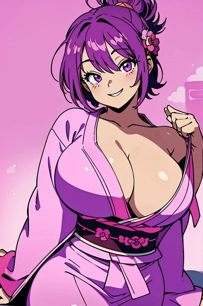 ((solo)), (alone), (super detailed), ((masterpiece)), (purple hair), (pink eyes), ((pink kimono)), ((huge breasts)), (cleavage), ((pink background)), (fun background), smile, happy