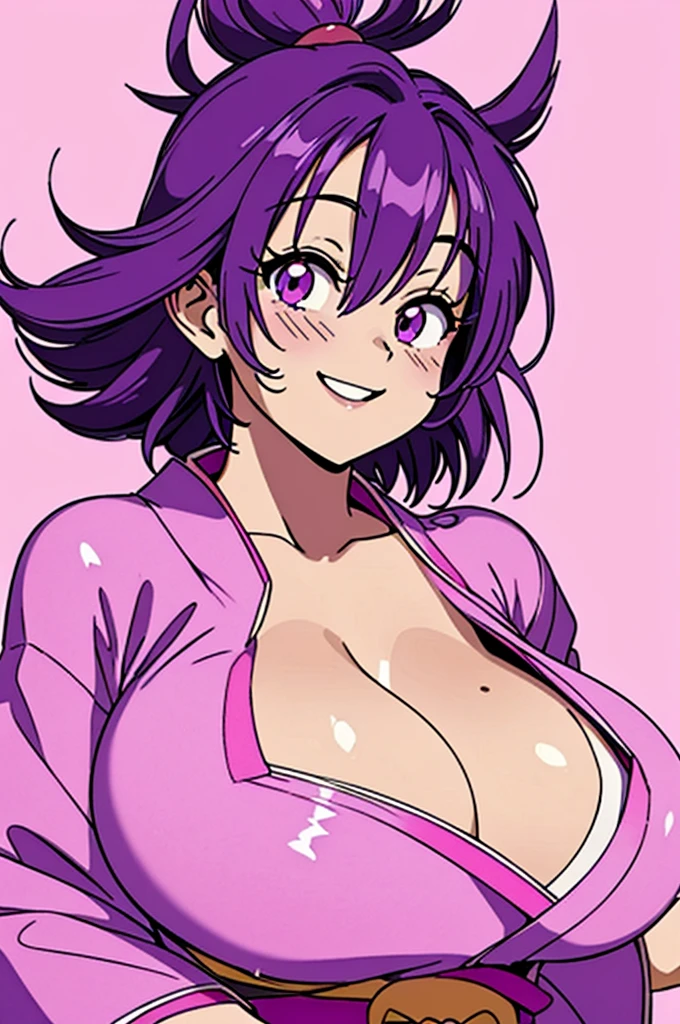 ((solo)), (alone), (super detailed), ((masterpiece)), (purple hair), (pink eyes), ((pink kimono)), ((huge breasts)), (cleavage), ((pink background)), (fun background), smile, happy