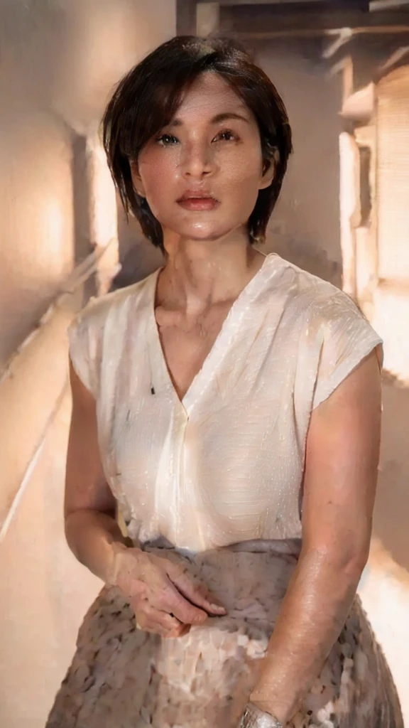 A Japanese woman wearing a white sleeveless blouse has her maxi skirt pulled up to reveal her lower abdomen.,Silver Necklace,Silver Watch,symmetric wavy short hair:1.2, wet:1.2,(photo Realistic:1.4), (hyper Realistic:1.4), (Realistic:1.3), (Smoother lighting:1.05), (Improve cinematic lighting quality:0.9), 32k, 40-year-old Japanese woman, Realistic lighting, Backlight, Light on the face, Ray tracing, (Bright light:1.2), (Improvement of quality:1.4), (Highest quality realistic textured skin:1.4), Detailed drawn eyes, Detailed painted face, Quality eyes, (Tired, sleepy and satisfied:0.0), Face close-up, (Enhance the mood of your body line:1.1), (Enhances the beauty of skin texture:1.1)