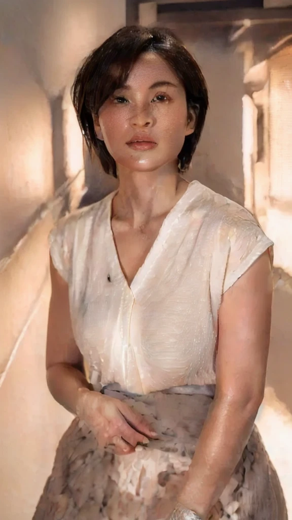 A Japanese woman wearing a white sleeveless blouse has her maxi skirt pulled up to reveal her lower abdomen.,Silver Necklace,Silver Watch,symmetric wavy short hair:1.2, wet:1.2,(photo Realistic:1.4), (hyper Realistic:1.4), (Realistic:1.3), (Smoother lighting:1.05), (Improve cinematic lighting quality:0.9), 32k, 40-year-old Japanese woman, Realistic lighting, Backlight, Light on the face, Ray tracing, (Bright light:1.2), (Improvement of quality:1.4), (Highest quality realistic textured skin:1.4), Detailed drawn eyes, Detailed painted face, Quality eyes, (Tired, sleepy and satisfied:0.0), Face close-up, (Enhance the mood of your body line:1.1), (Enhances the beauty of skin texture:1.1)