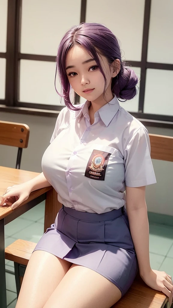 1 woman, 17 years old, (updo, blonde and purple hair), plump body, black eyes, Indonesian high-school uniform, (wearing transparent white shirt, showing bra), osis logo on shirt pocket, huge XL breasts, light-grey pleated skirt, sitting on a chair, seductive pose, full body shot, side view, smiling, in the classroom.