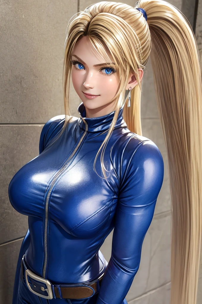 Sarah, blue eyes, angle view, (full bodysuit:1.1), (skinny girl:1.0), ((long ponytail:1.3)), (free flowing hair:1.4), cowboy shot, blonde hair, long hair, (long side burns:1.4), Shoulders exposed, (arms exposed:1.0), (very detailed skin:1.5), (medium breasts:1.4), belt ,sleeveless, (closed zipper), earrings, fingerless short gloves, BREAK masterpiece, 1 girl, RAW photo, (best quality:1.2), extremely delicate beautiful, very detailed, 2k wallpaper, amazing, fine details, (medium breasts:1.3), extremely detailed CG Unity 8k wallpaper, super detailed, high resolution, (beautiful detailed girl:1.4), perfect anatomy, wide cheeks, (shiny clothes:1.1), (smile:1.2), (upper body:1.3), (Realistic, Photorealistic:1.0), (thin nose:1.2), (breast focus:1.3), 20 year old, high nose bridge, (blue clothes:1.2), fighting pose, fighting arena, armpit against wall, wide face, (wide smile:1.3), closed mouth
