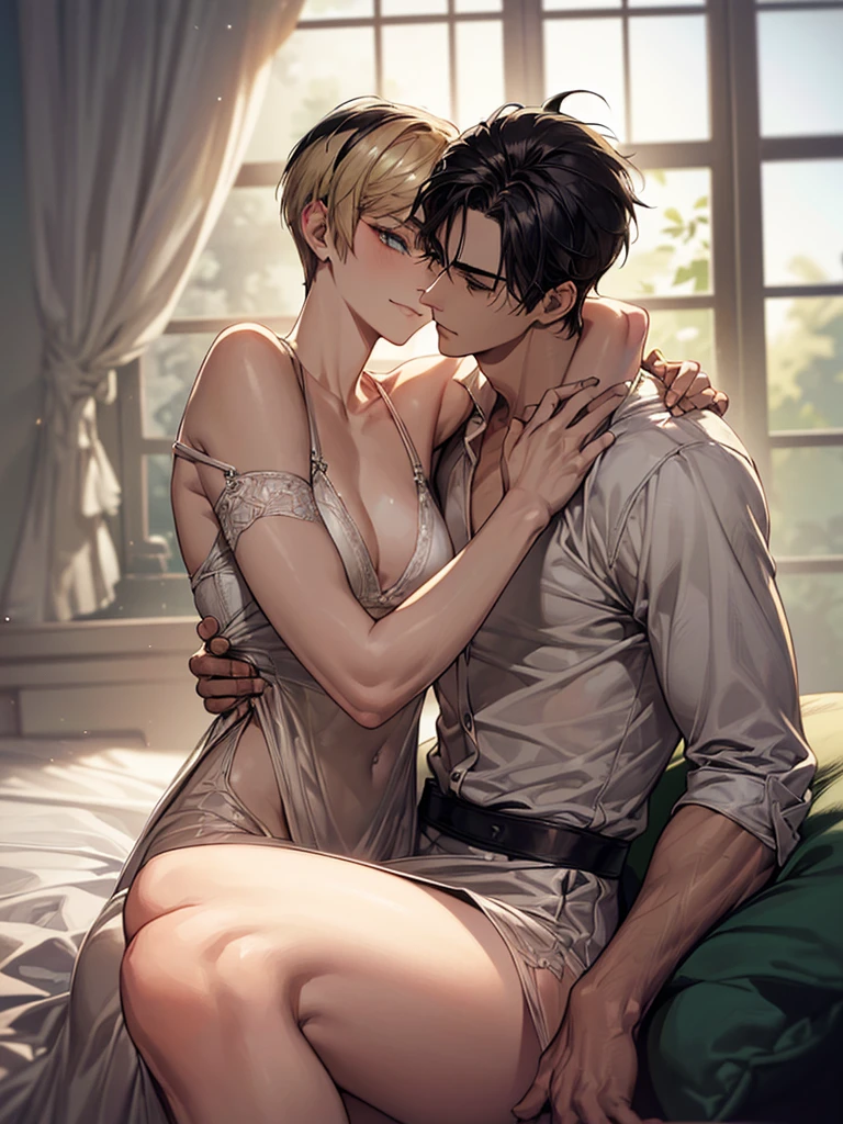 masterpiece, Absurd, highest quality ,Intricate details , (Shiny skin, Shiny body, Shiny skin, Shiny Hair), (absurdres, ultra detailed), detailed face, perfect face, perfect lines, perfect eyes, enlarged textures, detailed eyes, hetero, 1woman, (beautiful, mature woman, (( blond hair)), green eye, ((pixie cut)),((parted bangs)),25 years old, slender body, fishtail, Bullish gaze), (Fishtail, Her hair is tied with a red ribbon), Soft and dreamy light, Pale white light, Transparent, Face in perfect detail, Perfectly detailed by hand, Neutral face, Charm, Beauty, Long eyelashes, Earrings, mature, garter belt, ((flat chest)), 1boy, ((messy hair, (black hair's guy), slant eyes, A man in his 20s with a cool expression, Handsome, tall muscular guy), on bed, looking away, window, (hug from front:1.1), smile, happiness, sitting on lap, A woman is grabbing a man's neck, upright straddle, summer dress, tomboy