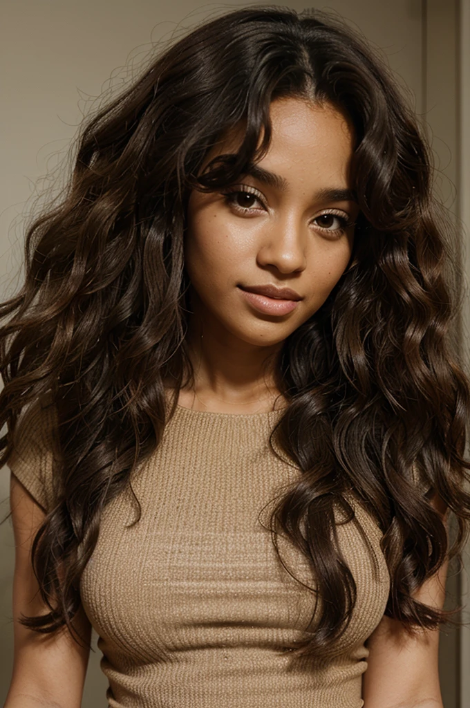 Cartoon image of a woman with long, curly hair with brown skin