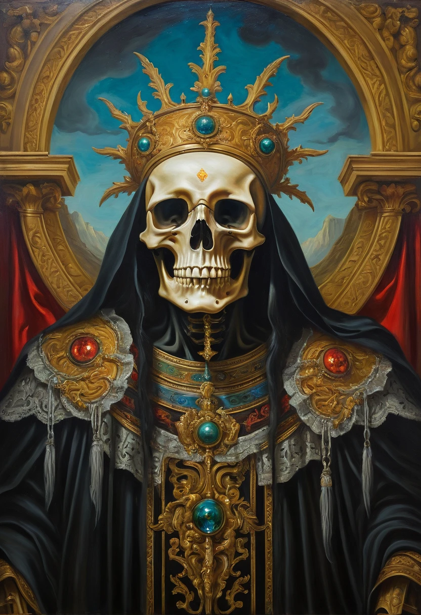 Dark colors, Intricate Details, Studio Lights, Alberto Durero Style Art Painting, Mystical Ambient, Mechanical, Assymetric, Mystical Ambient, (the result rendered must be made it from parts of the dead bodies and skulls, skeletons, bones, worldly scum, horror, evil, hell, murdered and must look very real with a blooded crown of spines, metallic chains and pain like crucifix Christ.