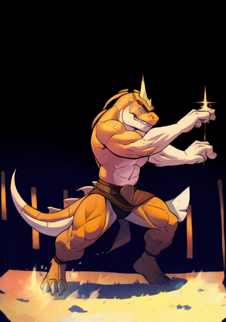 a reptilian with a fish-like helmet engaged in combat in an arena