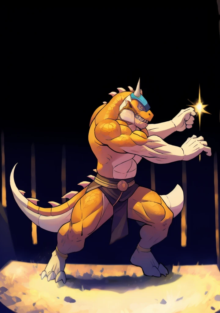 a reptilian with a fish-like helmet engaged in combat in an arena