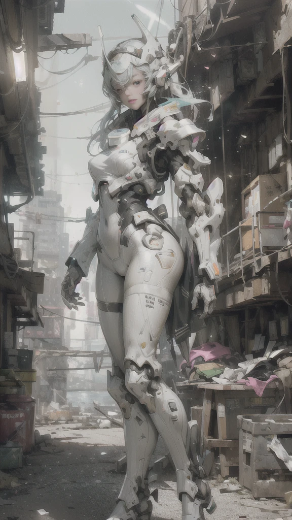 ((best quality)), ((masterpiece)), ((realistic)), (detailed), (photorealistic:1.5), a futuristic girl, (thick body), (white bodysuit), lights on armor, cybernetic headwear, looking at viewer, dynamic pose, post apocalyptic, destroyed city background, buildings on fire, science fiction, hdr, ray tracing, nvidia rtx, super-resolution, unreal 5, subsurface scattering, pbr texturing, post-processing, anisotropic filtering, depth of field, maximum clarity and sharpness, rule of thirds, 8k raw, (luminescent particles:1.4), (extremely detailed cg, unity 8k wallpaper, 3d, cinematic lighting, lens flare), reflections, sharp focus, cyberpunk art, cyberpunk architecture,