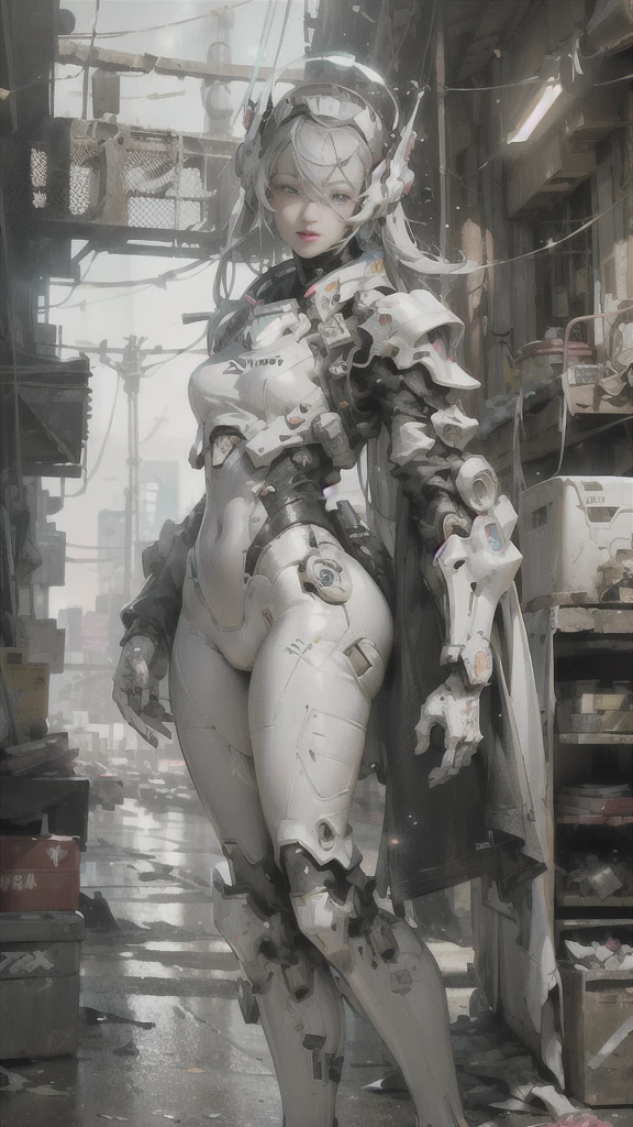 ((best quality)), ((masterpiece)), ((realistic)), (detailed), (photorealistic:1.5), a futuristic girl, (thick body), (white bodysuit), lights on armor, cybernetic headwear, looking at viewer, dynamic pose, post apocalyptic, destroyed city background, buildings on fire, science fiction, hdr, ray tracing, nvidia rtx, super-resolution, unreal 5, subsurface scattering, pbr texturing, post-processing, anisotropic filtering, depth of field, maximum clarity and sharpness, rule of thirds, 8k raw, (luminescent particles:1.4), (extremely detailed cg, unity 8k wallpaper, 3d, cinematic lighting, lens flare), reflections, sharp focus, cyberpunk art, cyberpunk architecture,