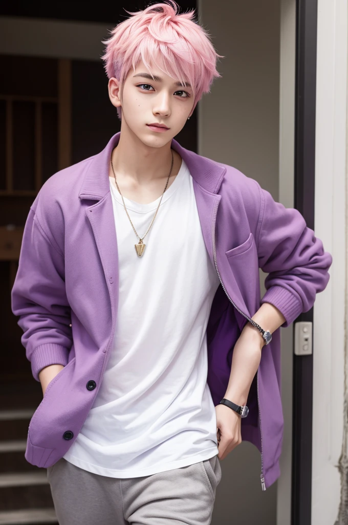 Young man with pink hair, purple eyes, with light colored clothes, cute appearance