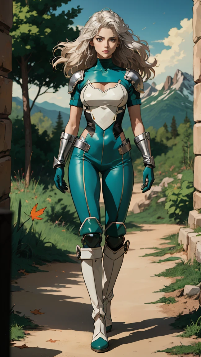 (((full body photo))),A middle-aged beautiful woman, long platinum-blond hair, neatly combed hair, a square face, a serious expression, sharp eyes, tall figure, a dark fantasy-realistic style bodysuit, short sleeve, a silver-white chestplate, gloves with metal accessories, three metal blades extending from the gloves, tight-fitting pants that match the bodysuit, silver-white metal shin guards, boots, the background is a mountain forest at night, with falling leaves, this character embodies a finely crafted fantasy-realistic style assassin in anime style, characterized by an exquisite and mature manga illustration art style, high definition, best quality, highres, ultra-detailed, ultra-fine painting, extremely delicate, professional, anatomically correct, symmetrical face, extremely detailed eyes and face, high quality eyes, creativity, RAW photo, UHD, 8k, Natural light, cinematic lighting, masterpiece-anatomy-perfect, masterpiece:1.5