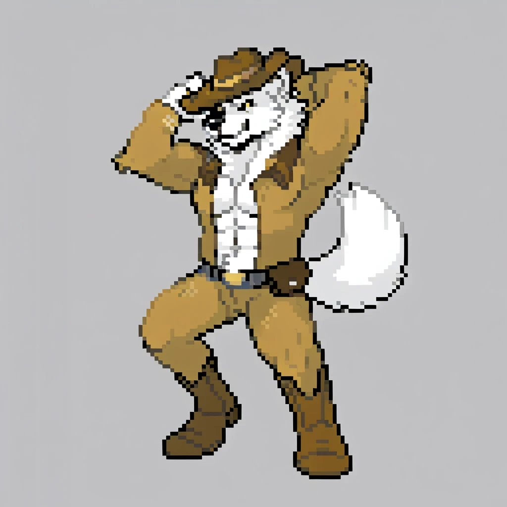 canid, canine, canis, mammal, mythological_canine, were, werecanid, werecanine, werewolf, wolf, anthro, biped, white_body, white_fur, black_nose, brown_cowboy_hat, brown_cowboy_boots, tipping_hat, hand_on_side, holster, male, fingers, fluffy, fluffy_tail, fur, hands_behind_head, muscular, muscular_anthro, full_body, digital_media_(artwork), hi_res, masterpiece,