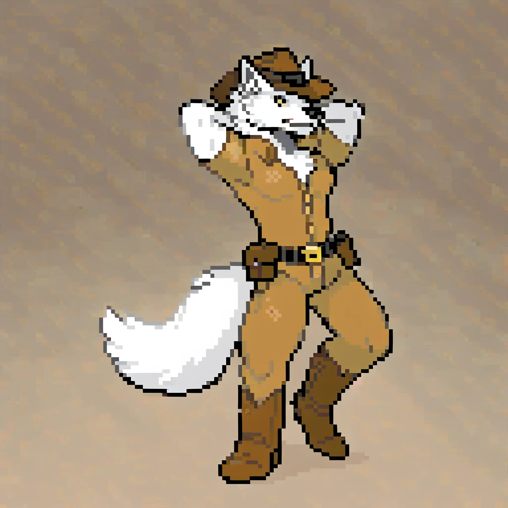 canid, canine, canis, mammal, mythological_canine, were, werecanid, werecanine, werewolf, wolf, anthro, biped, white_body, white_fur, black_nose, brown_cowboy_hat, brown_cowboy_boots, tipping_hat, hand_on_side, holster, male, fingers, fluffy, fluffy_tail, fur, hands_behind_head, muscular, muscular_anthro, full_body, digital_media_(artwork), hi_res, masterpiece,
