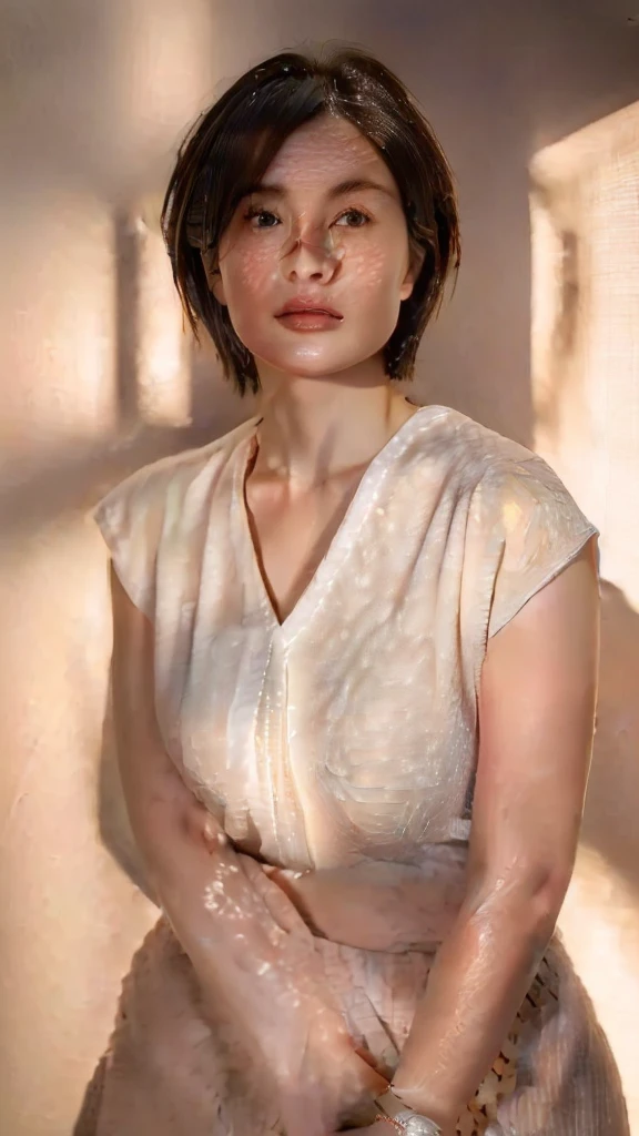 A Japanese woman wearing a white sleeveless blouse has her maxi skirt pulled up to reveal her lower abdomen.,Silver Necklace,Silver Watch,symmetric wavy short hair:1.2, wet:1.2,(photo Realistic:1.4), (hyper Realistic:1.4), (Realistic:1.3), (Smoother lighting:1.05), (Improve cinematic lighting quality:0.9), 32k, 40-year-old Japanese woman, Realistic lighting, Backlight, Light on the face, Ray tracing, (Bright light:1.2), (Improvement of quality:1.4), (Highest quality realistic textured skin:1.4), Detailed drawn eyes, Detailed painted face, Quality eyes, (Tired, sleepy and satisfied:0.0), Face close-up, (Enhance the mood of your body line:1.1), (Enhances the beauty of skin texture:1.1)