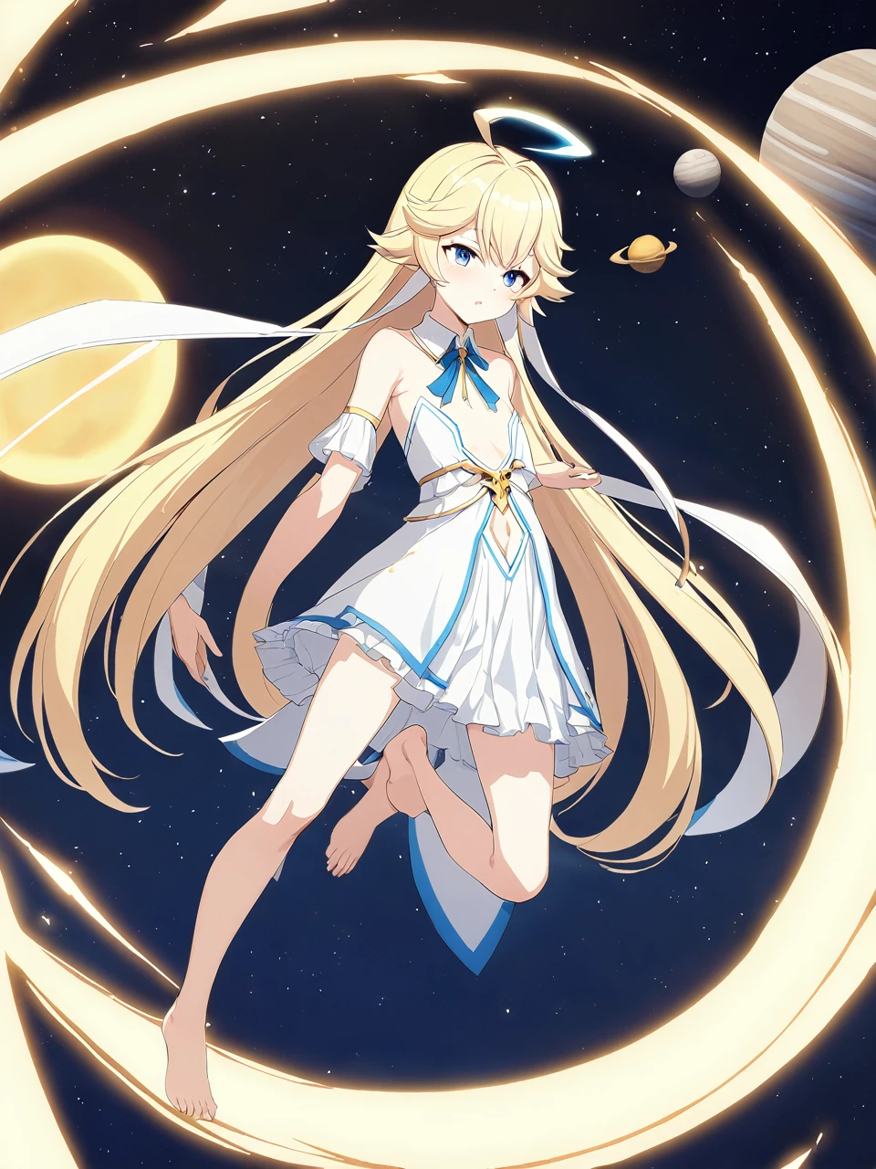 Zaora, blue eyes, (Variegated eyes:0.5), Blonde, Very long hair, Twin Blade, bangs, Ahoge, Hello, Angel, Flat Chest, White Dress, Belly button cutout, Detachable collar, Strapless, Neck ribbon, Bare shoulders, Angel wings, barefoot, One girl, Solo Break Space, planet, Depth of written boundary, Cinematic, masterpiece, Highest quality, Game CG
 