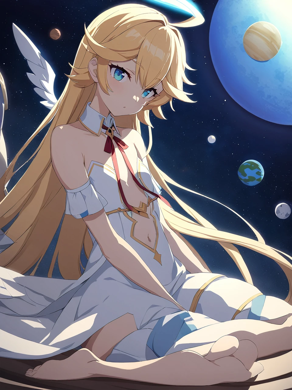 Zaora, blue eyes, (Variegated eyes:0.5), Blonde, Very long hair, Twin Blade, bangs, Ahoge, Hello, Angel, Flat Chest, White Dress, Belly button cutout, Detachable collar, Strapless, Neck ribbon, Bare shoulders, Angel wings, barefoot, One girl, Solo Break Space, planet, Depth of written boundary, Cinematic, masterpiece, Highest quality, Game CG
 