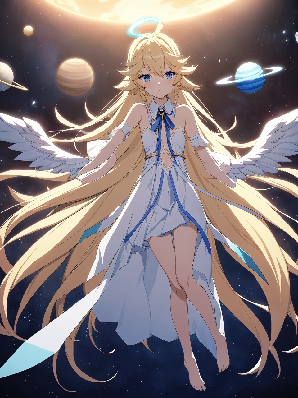 Zaora, blue eyes, (Variegated eyes:0.5), Blonde, Very long hair, Twin Blade, bangs, Ahoge, Hello, Angel, Flat Chest, White Dress, Belly button cutout, Detachable collar, Strapless, Neck ribbon, Bare shoulders, Angel wings, barefoot, One girl, Solo Break Space, planet, Depth of written boundary, Cinematic, masterpiece, Highest quality, Game CG
 